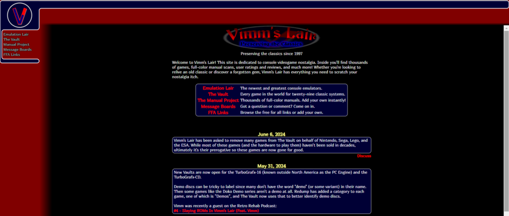 Capture d'écran du site VIMM's Lair récemment fermé par Nintendo.